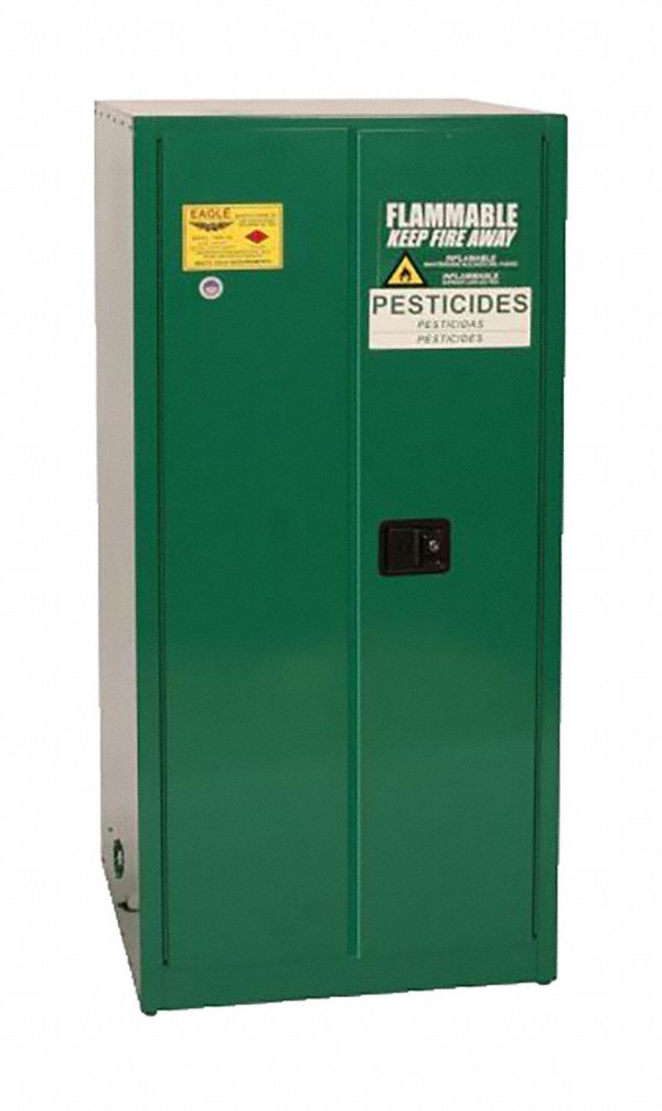 Hazardous Material Storage Cabinet: 60 gal, 34 in x 34 in x 65 in, Green, Manual Close, 2 Shelves