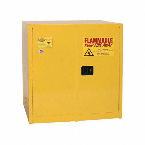 Hazardous Material Storage Cabinet: Std, 60 gal, 43 in x 34 in x 44 in, Yellow, Self-Closing