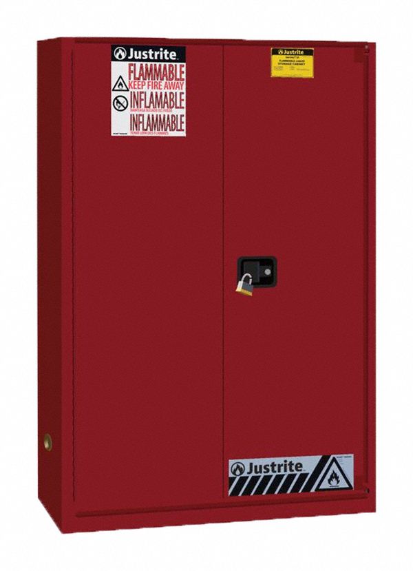 Hazardous Material Storage Cabinet: Std, 45 gal, 43 in x 18 in x 65 in, Red, Self-Closing