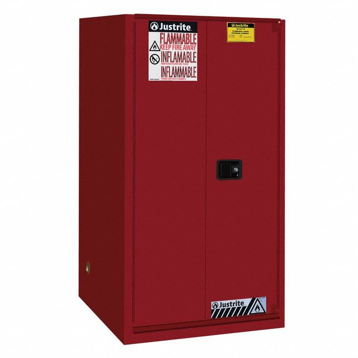 Hazardous Material Storage Cabinet: Std, 60 gal, 34 in x 34 in x 65 in, Red, Self-Closing