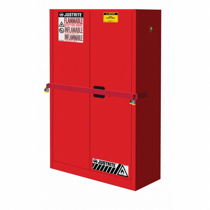 Hazardous Material Storage Cabinet: Std, 45 gal, 43 in x 18 in x 65 in, Red, Self-Closing