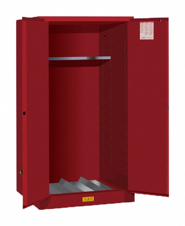 Hazardous Material Storage Cabinet: Std, 55 gal, 34 in x 34 in x 65 in, Red, Manual Close