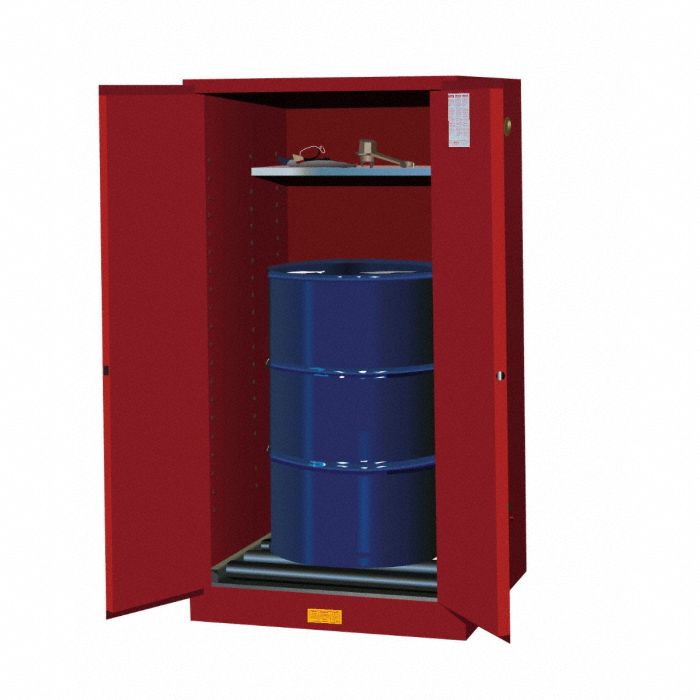 Hazardous Material Storage Cabinet: Std, 55 gal, 34 in x 34 in x 65 in, Red, Self-Closing