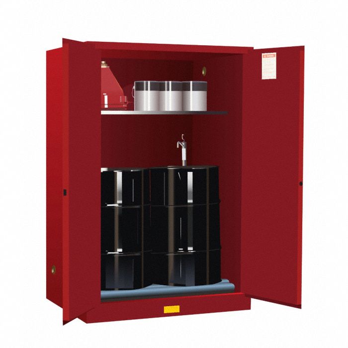 Hazardous Material Storage Cabinet: Std, 60 gal, 43 in x 34 in x 65 in, Red, Manual Close