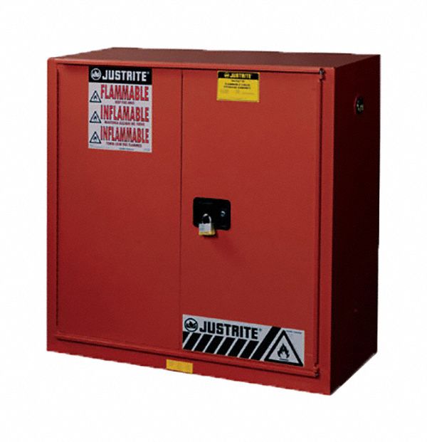 Hazardous Material Storage Cabinet: Std, 40 gal, 43 in x 18 in x 44 in, Red, Self-Closing