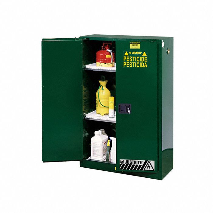 Hazardous Material Storage Cabinet: 60 gal, 34 in x 34 in x 65 in, Green, Self-Closing, 2 Shelves