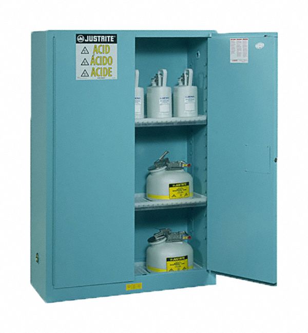 Hazardous Material Storage Cabinet: Std, 45 gal, 43 in x 18 in x 65 in, Blue, Self-Closing