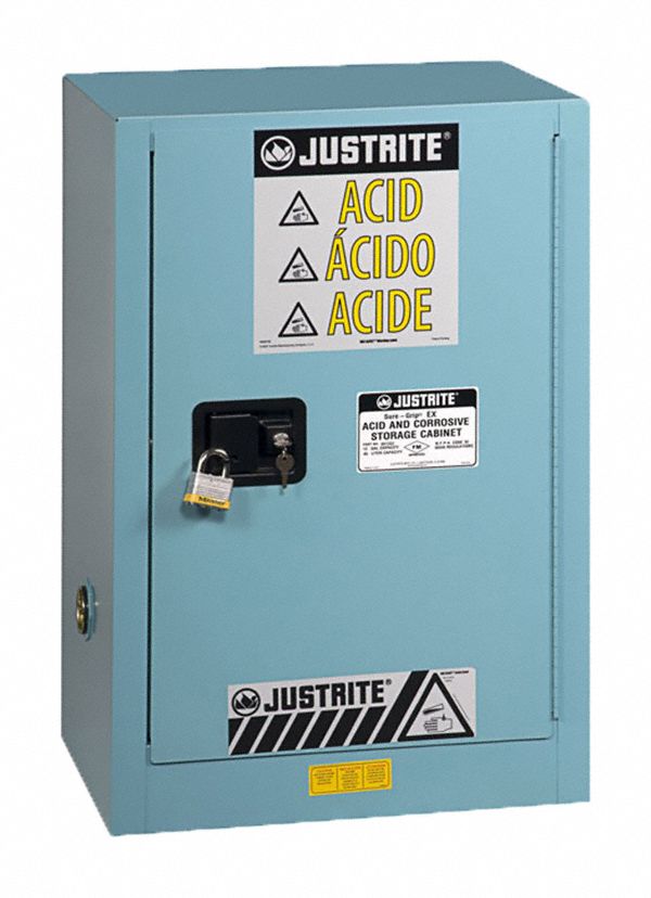 SAFETY CABINET, COMPACT, CORROSIVES STORE, 1 SHELF, MANUAL, BLUE, 23 1/4 X 44 X 18 IN, 15 GAL, STEEL