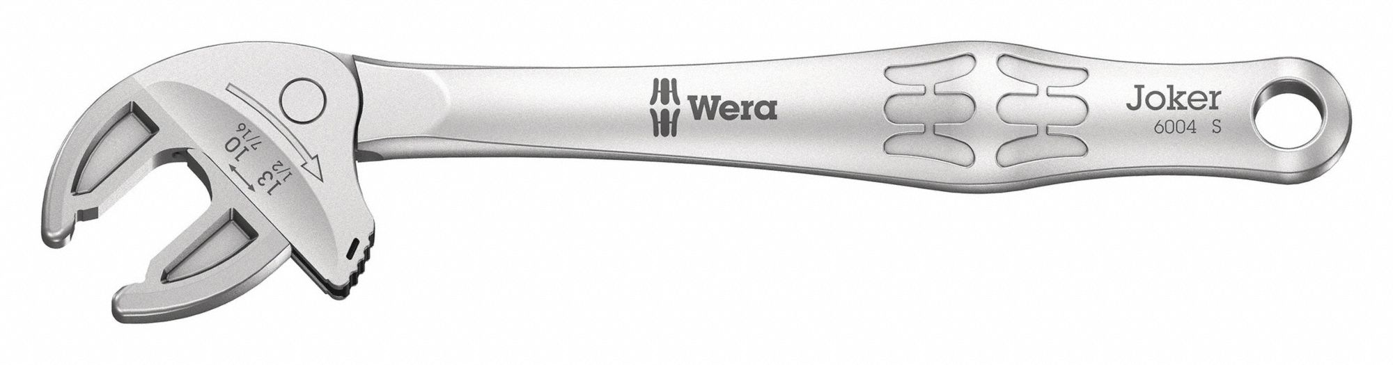 Adjustable Wrench: Steel, Satin Chrome, 6 1/16 in Overall Lg, 1/2 in Jaw Capacity, Comfort Grip