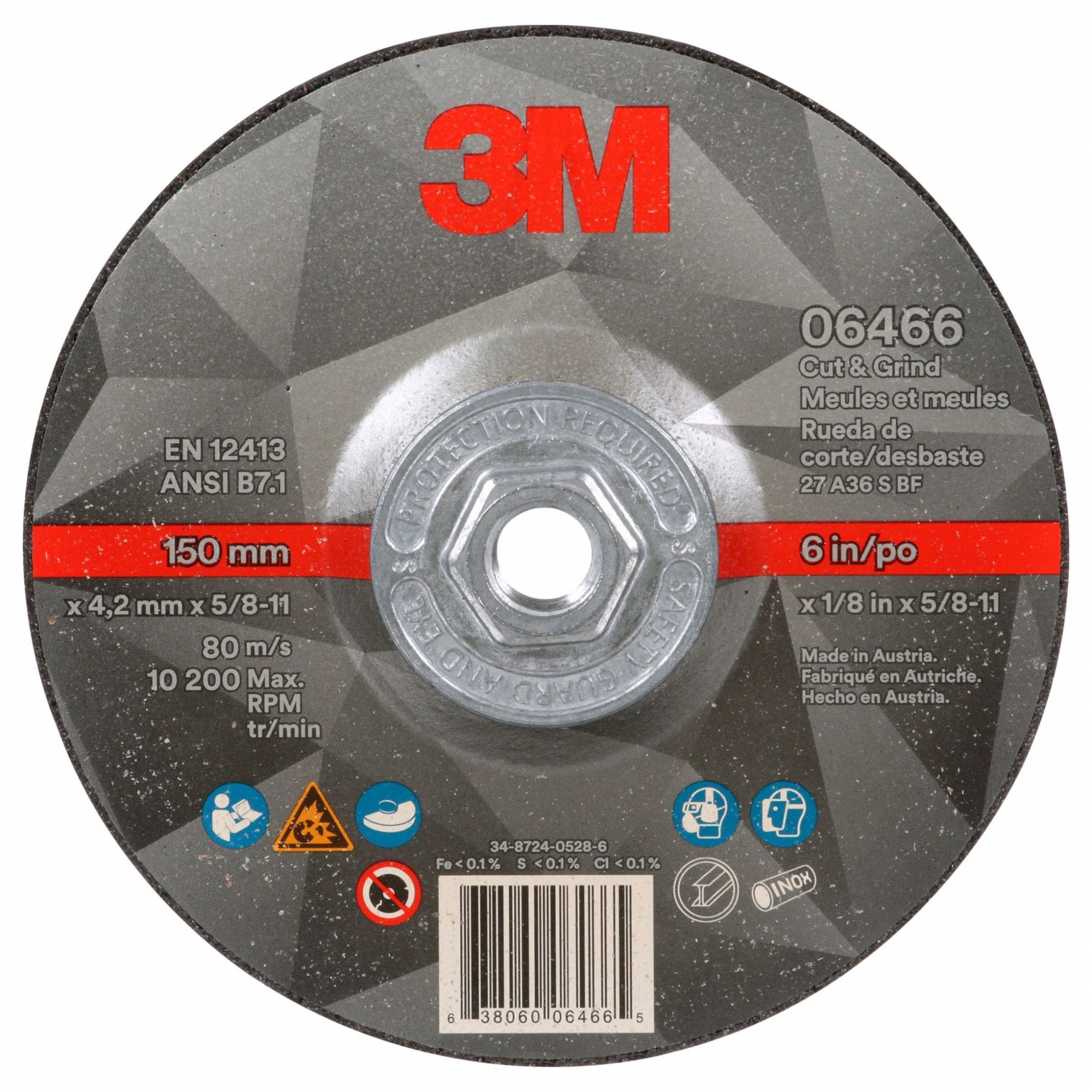 Cut-Off & Grinding Wheel: Type 27, 6" x 1/8" x 5/8"-11, Ceramic, 36 Grit, Cut & Grind
