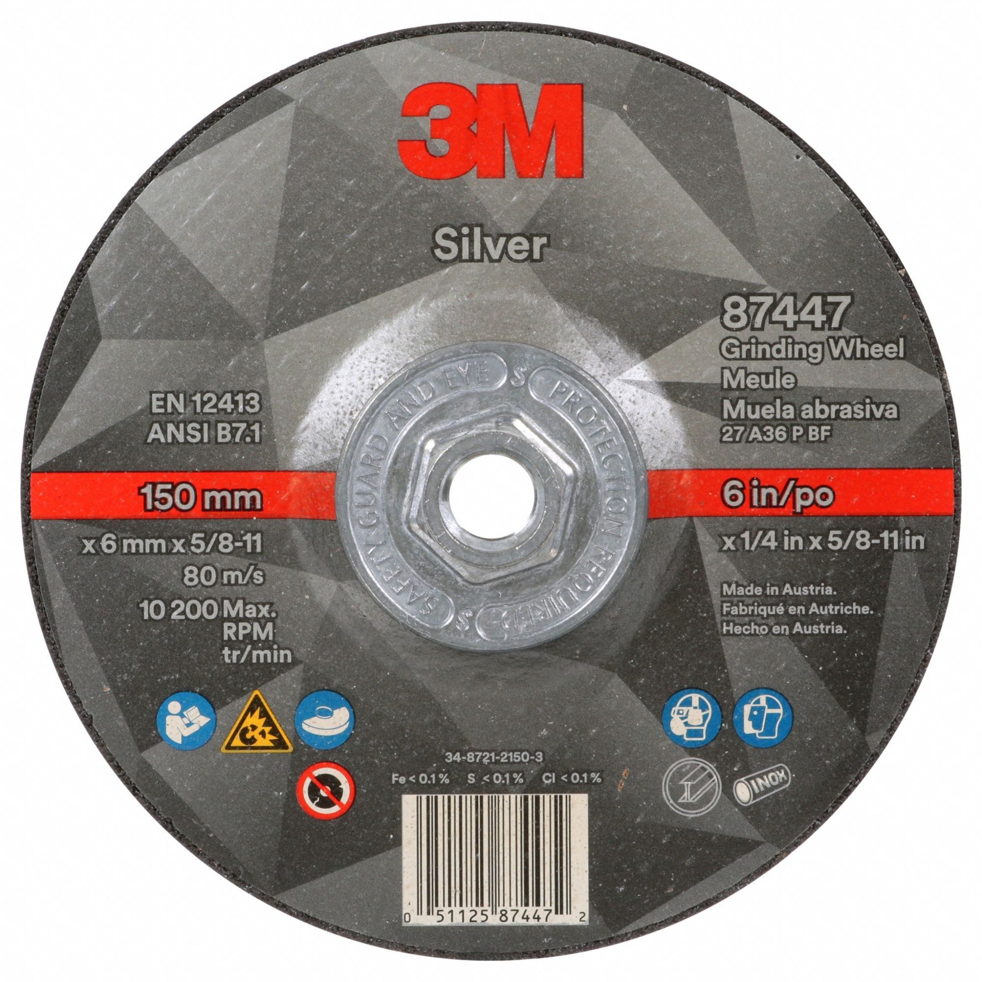 Depressed Center Grinding Wheel: Type 27, 6" x 1/4" x 5/8"-11, Ceramic, 36 Grit, Silver