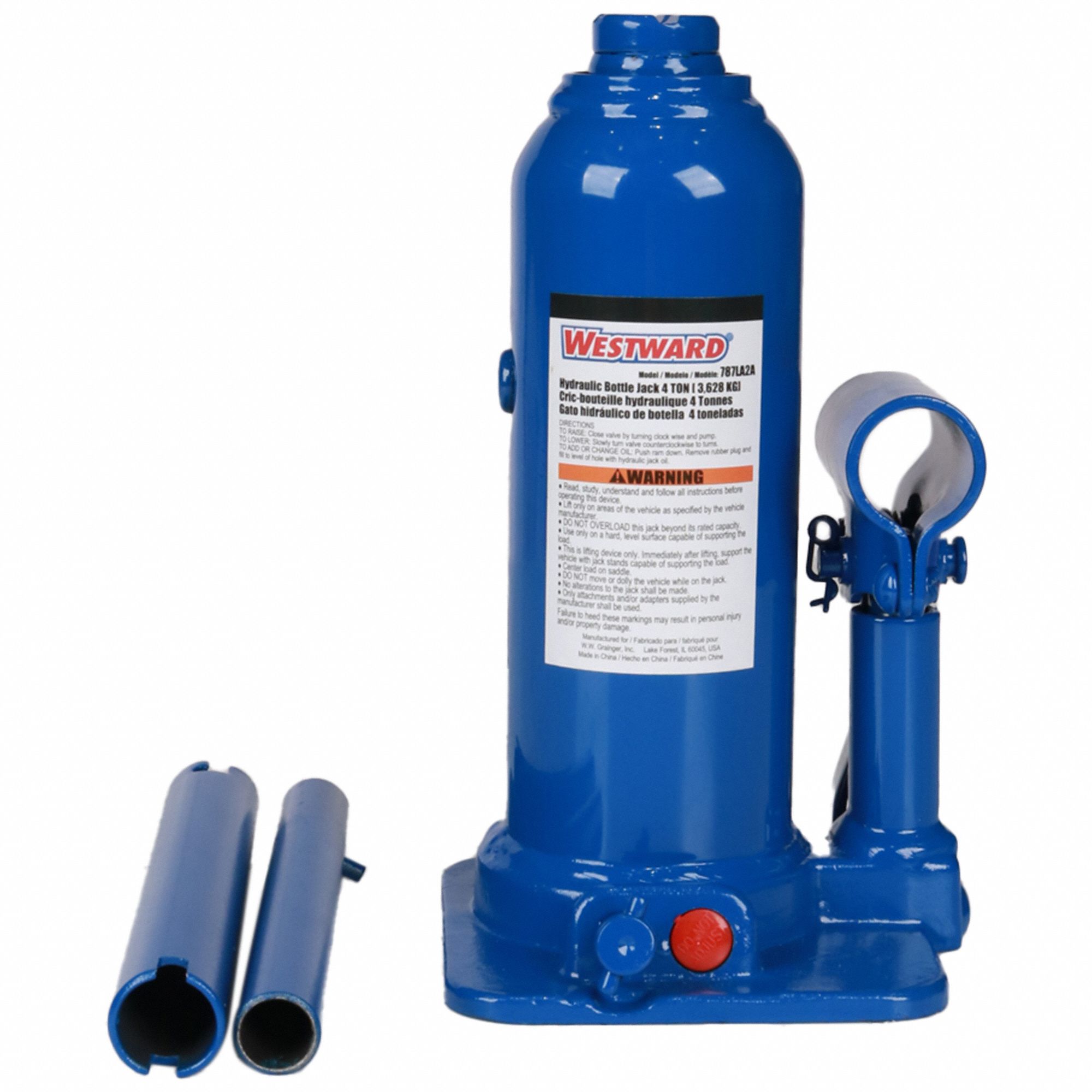 HIGH-CLEARANCE BOTTLE JACK, STEEL, MANUAL HANDLE, MECHANICAL, 7⅝ IN MIN H, 4 TON CAPACITY