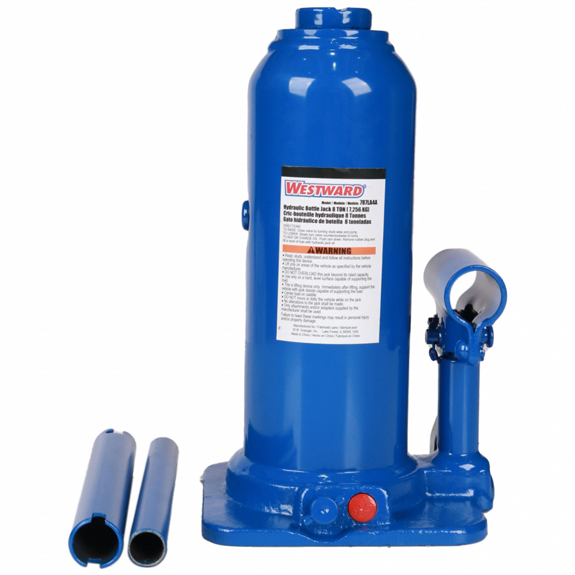 HIGH-CLEARANCE BOTTLE JACK, STEEL, MANUAL HANDLE, MECHANICAL, 8⅞ IN MIN H, 8 TON CAPACITY