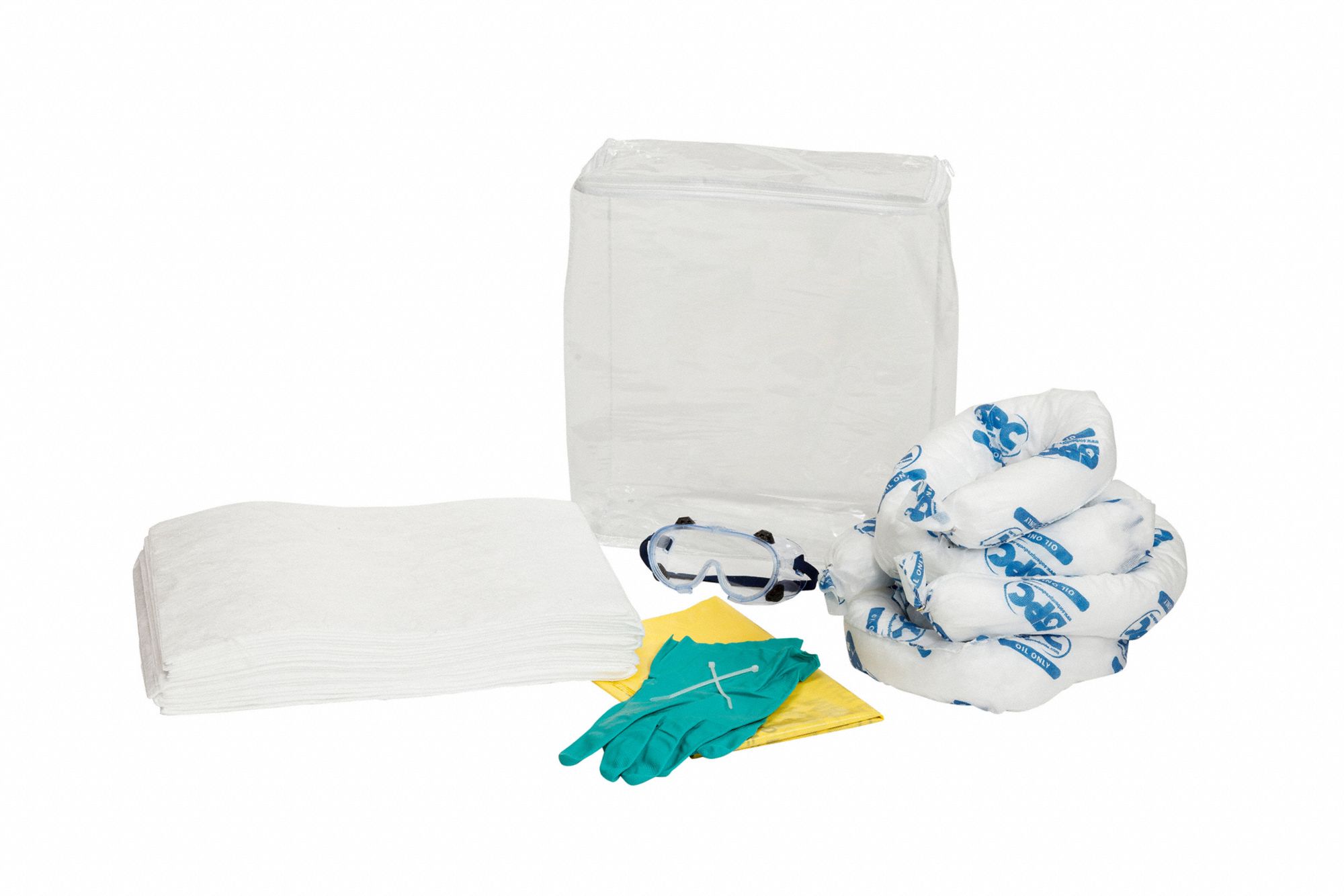 Spill Kit: 10 gal Volume Absorbed Per Kit, Clear, 9 5/8 gal Container Capacity, Bag