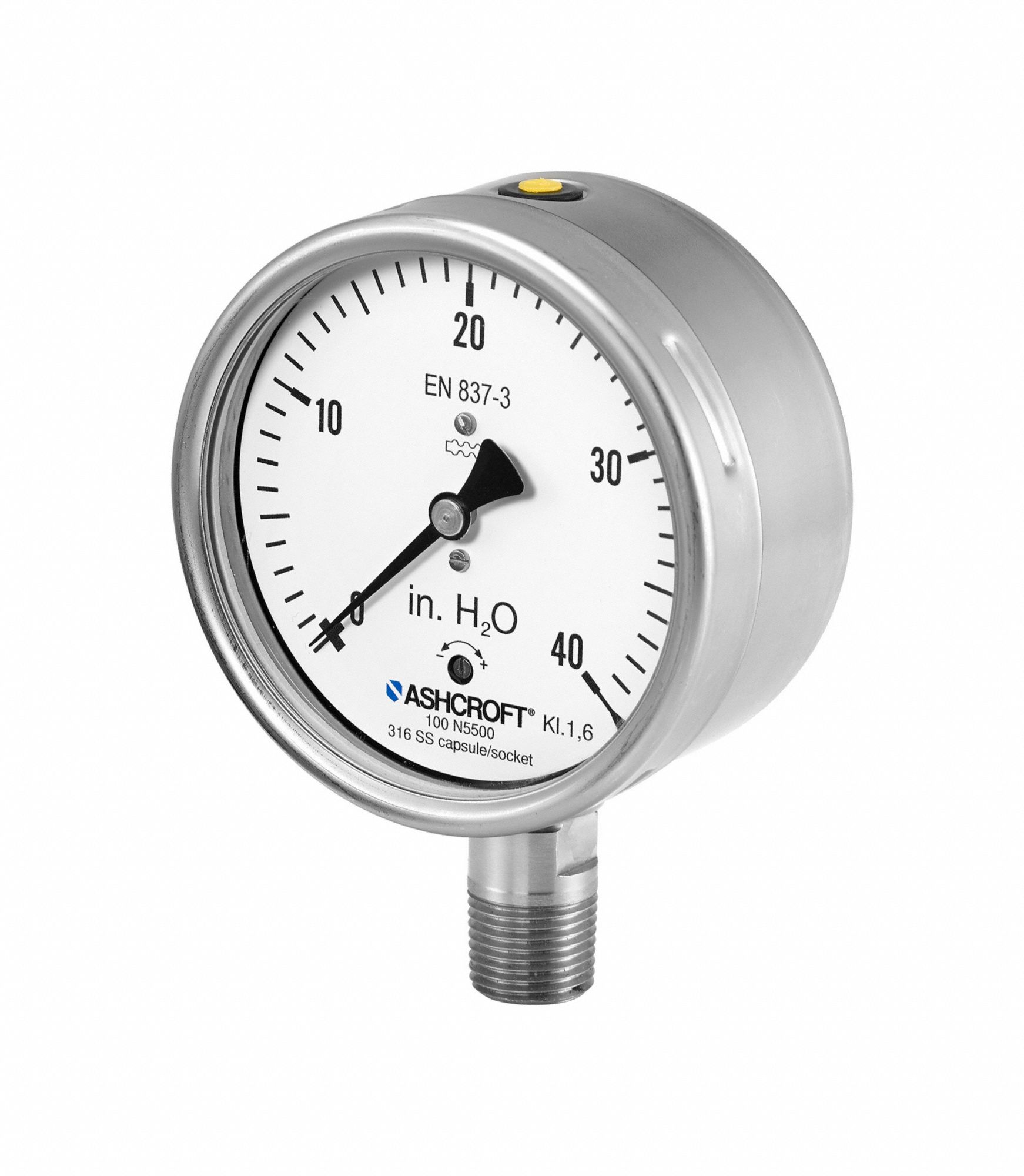 ASHCROFT Low Pressure Gauge: 0 to 40 in H2O, 100 mm Dial, 1/2 in NPT Male,  Bottom, ±1.6% Accuracy