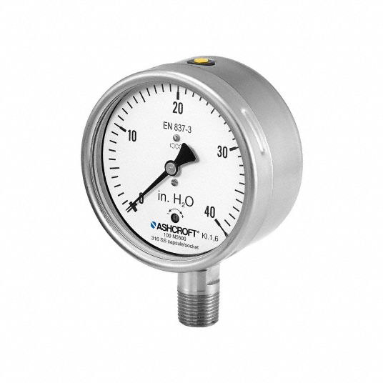 ASHCROFT Low Pressure Gauge: 0 to 25 in H2O, 100 mm Dial, 1/2 in NPT Male,  Bottom, ±1.6% Accuracy