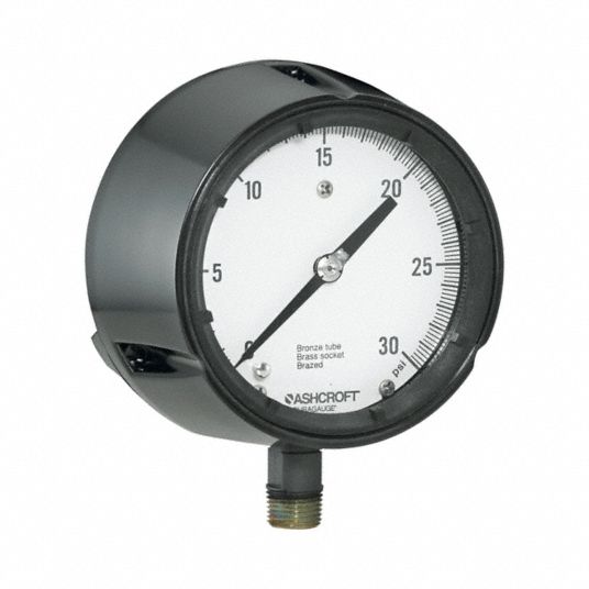 ASHCROFT Pressure Gauge: Corrosion-Resistant Case, 0 to 200 psi, 4 1/2 in  Dial, 1/4 in NPT Male