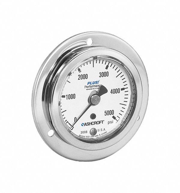 Panel Mount Pressure Gauge: 0 psi / Hg to 100 psi, 2 1/2 in Dial, 1/4 in NPT Male, 2008