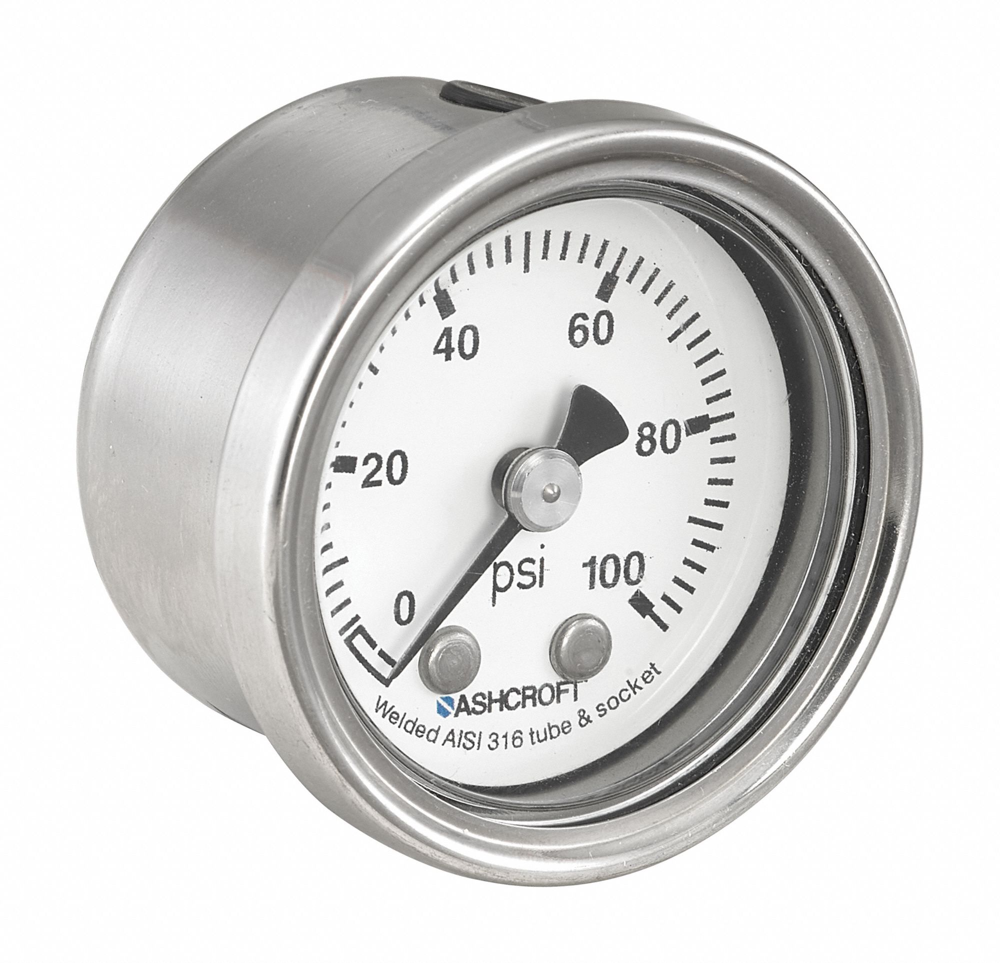 Pressure Gauge: 0 psi / Hg to 100 psi, 1 1/2 in Dial, 1/8 in NPT Male, Center Back, 4X