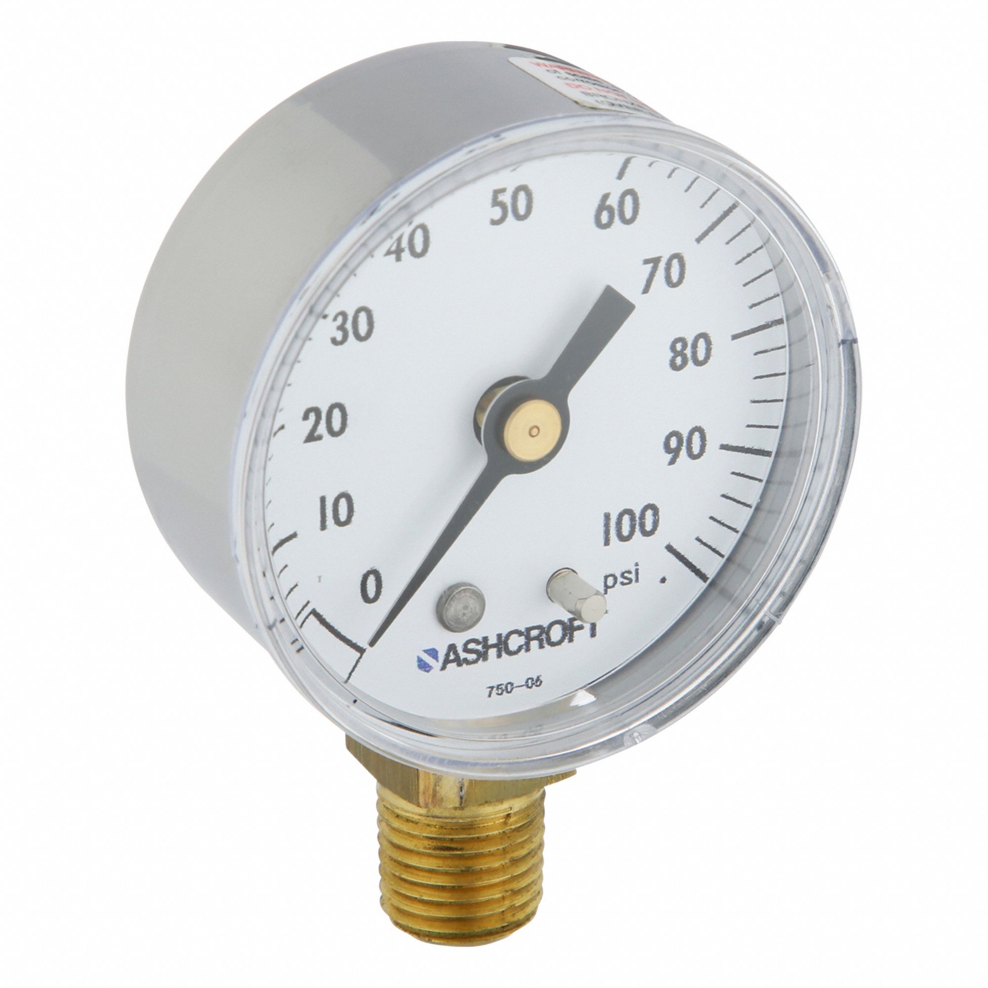 Pressure Gauge: 0 psi / Hg to 100 psi, 2 in Dial, 1/4 in NPT Male, Bottom, Brass / Bronze