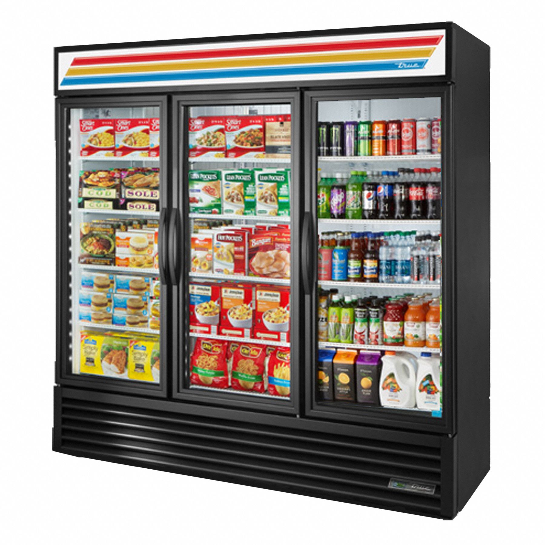 Freezer Merchandiser: 78 5/8 in x 78 1/8 in x 31 1/2 in, Black, Swing, 12 Shelves