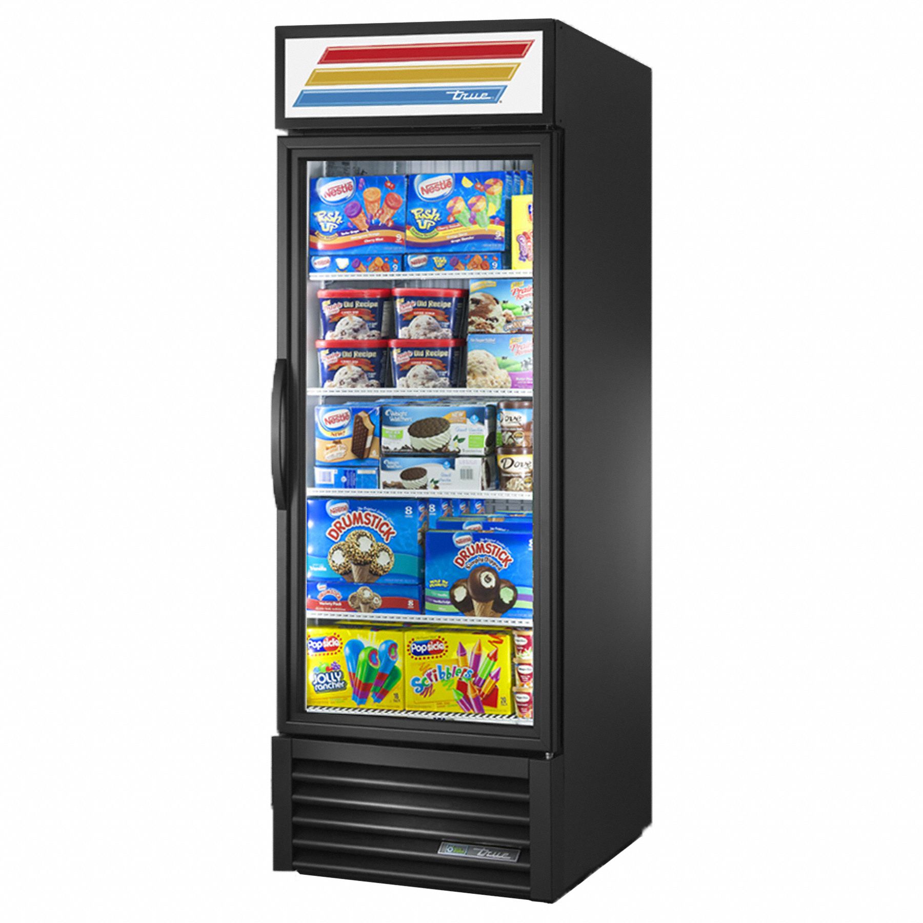 Freezer Merchandiser: 78 5/8 in x 27 in x 31 1/2 in, Black, Swing, 4 Shelves