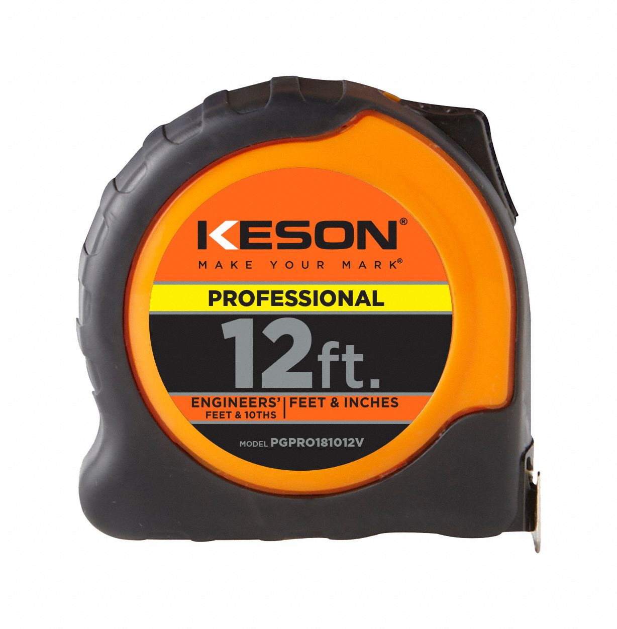 Tape Measure: Nonmagnetic Single Hook Tip, 12 ft, Plastic with Rubberized Grip