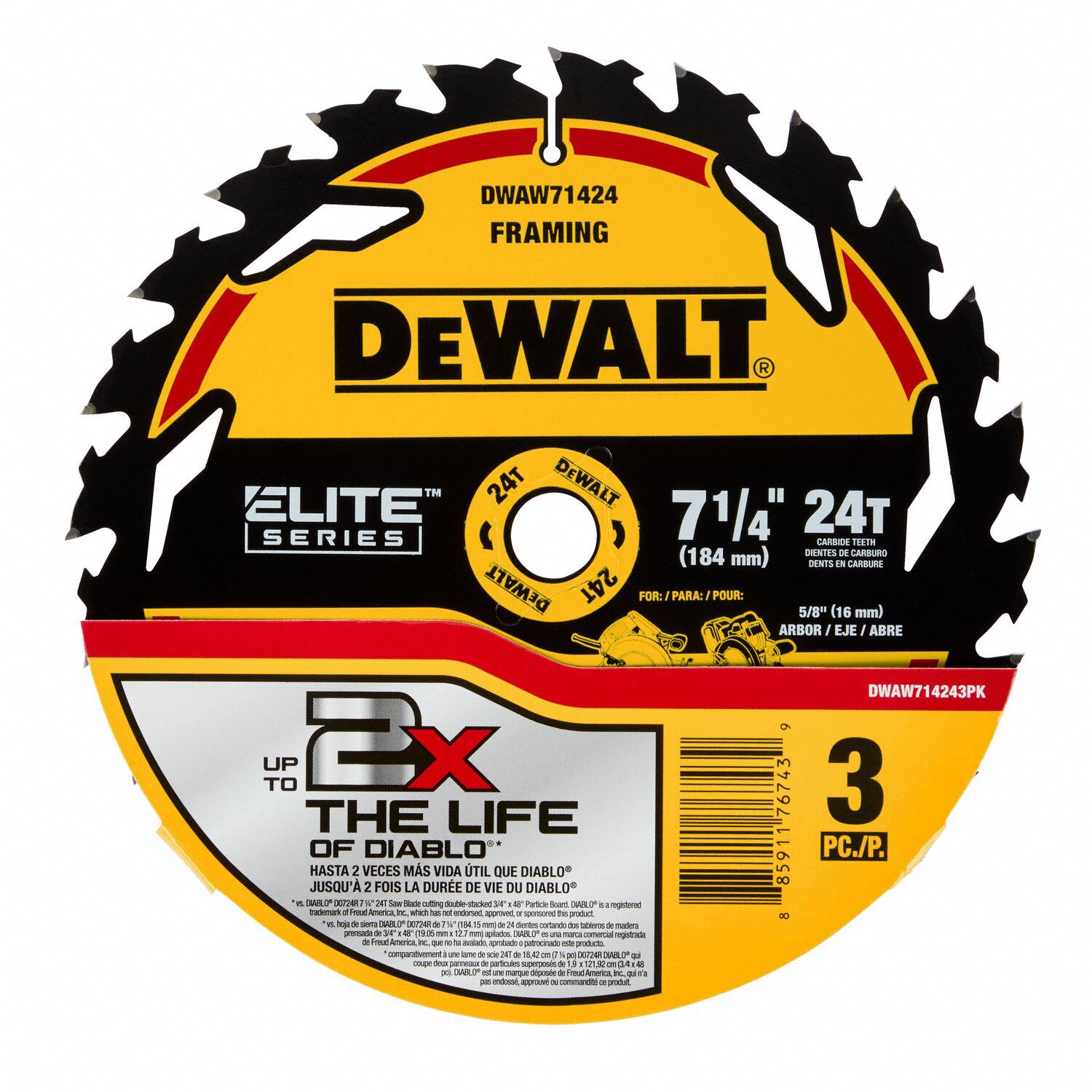 Circular Saw Blade: 7 1/4 in Blade Dia., 24 Teeth, 0.07 in Cut Wd, 5/8 in Arbor Size, 3 PK