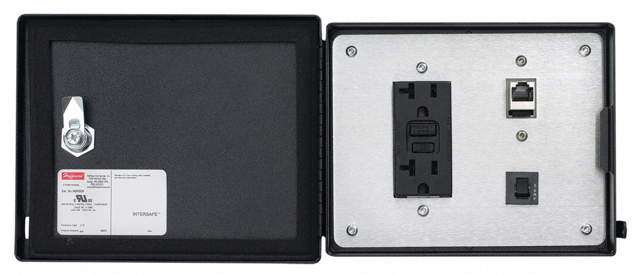 Data Interface Port: Steel, 120V Duplex Receptacle/RJ45, 8 in (W) x 8 1/2 in (H), 5 A Reset