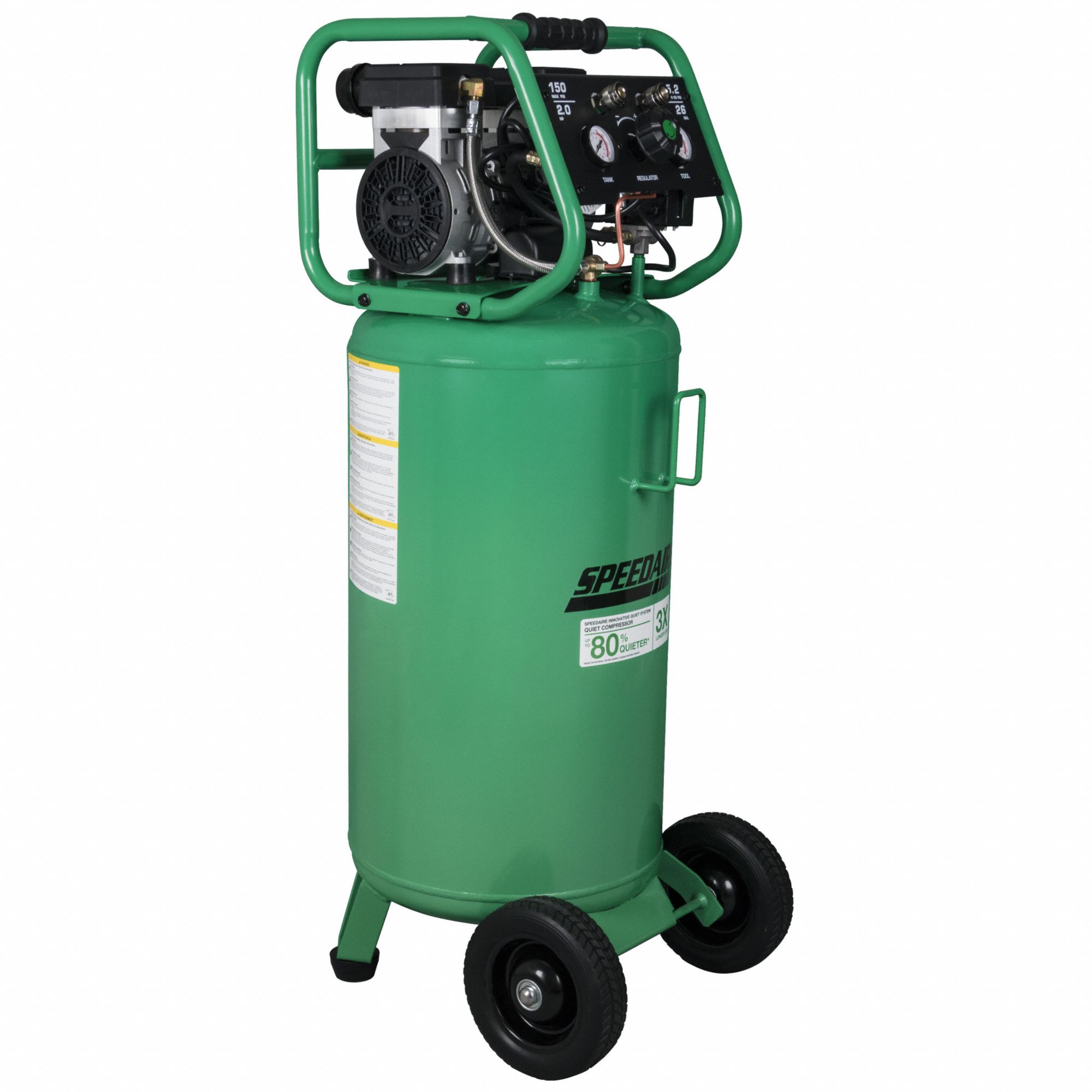 SPEEDAIRE Air Compressor Quiet, Oil Free, 26 gal, Vertical, 2 hp, 5.2