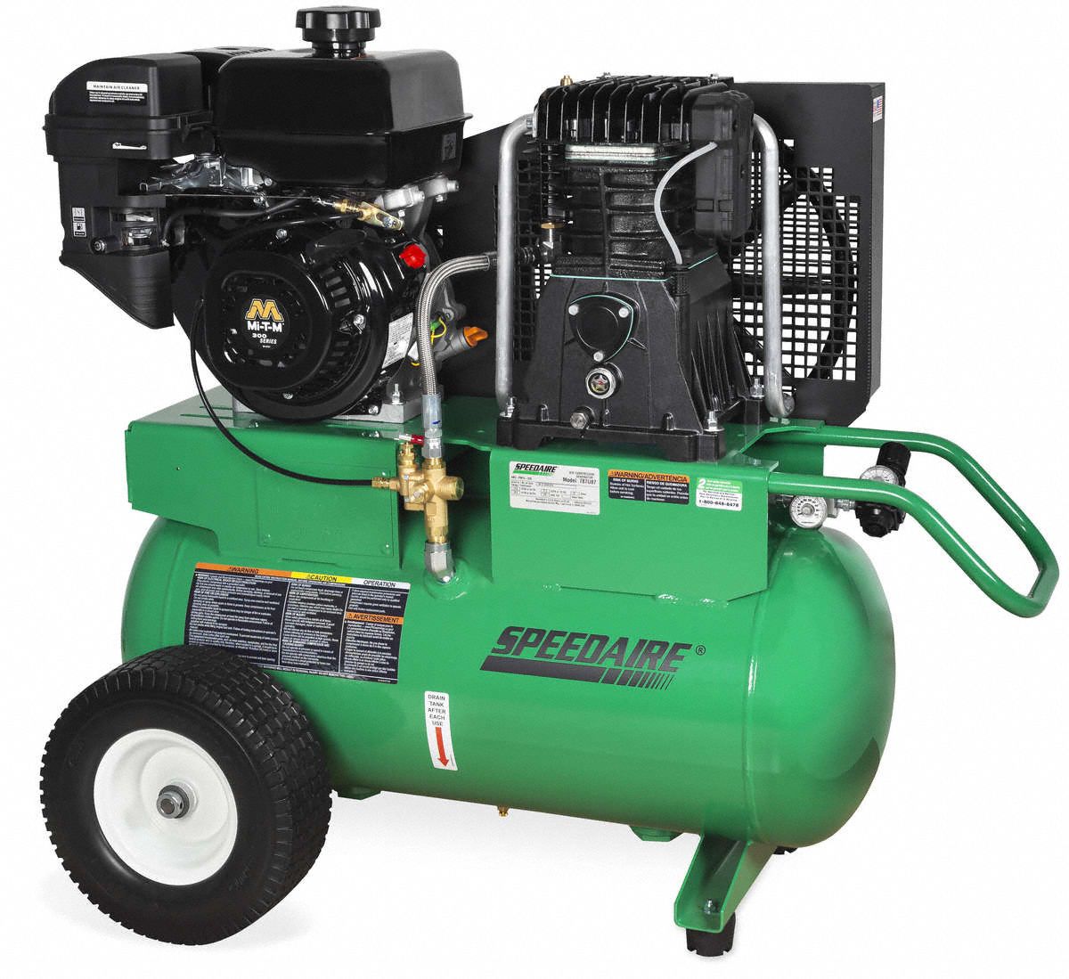 PORTABLE GAS AIR COMPRESSOR, 2 STAGE, 9 HP ENGINE, MI-T-M, 17.2 CFM AT 90 PSI, HORIZONTAL