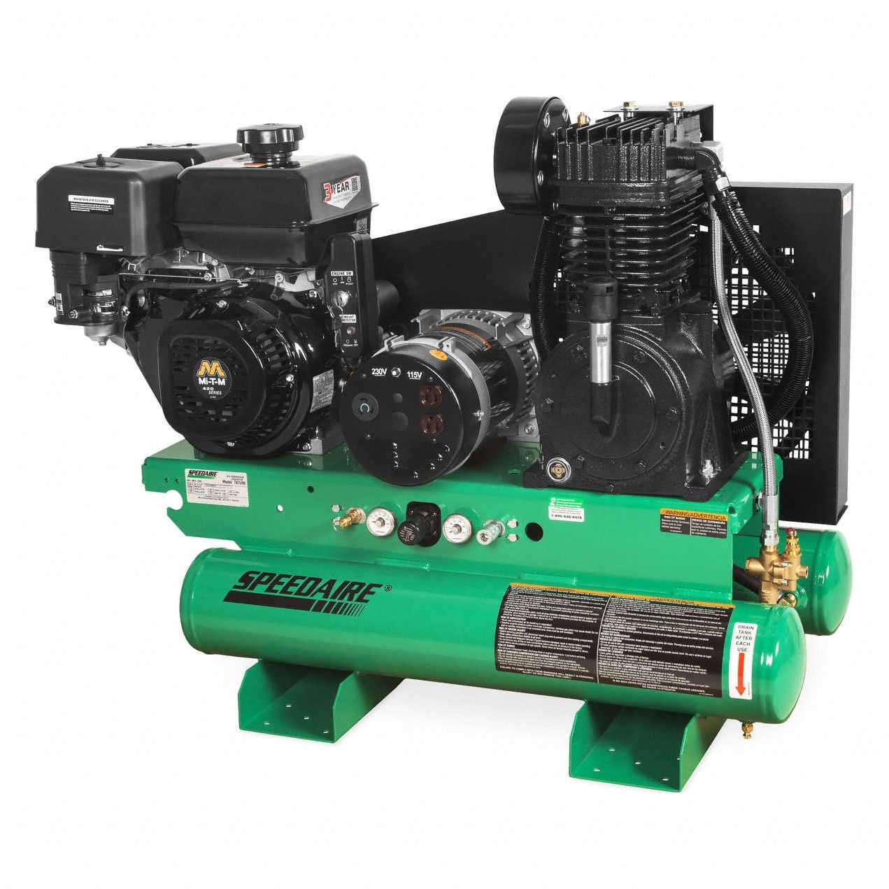 Stationary Air Compressor/Generator: 2 Stage, 14 hp Engine, Mi-T-M, 15.7 cfm, Twin Stack