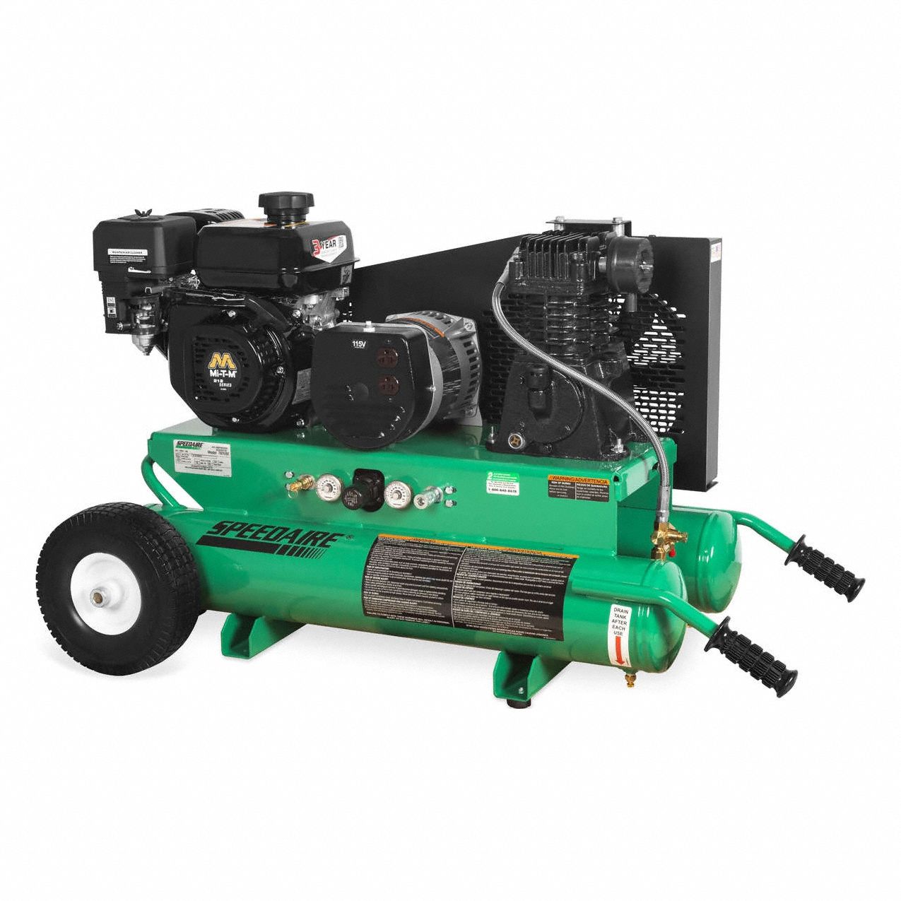 PORTABLE AIR COMPRESSOR/GENERATOR, 1 STAGE, 7 HP ENGINE, MI-T-M, 11.9 CFM AT 90 PSI, RECOIL