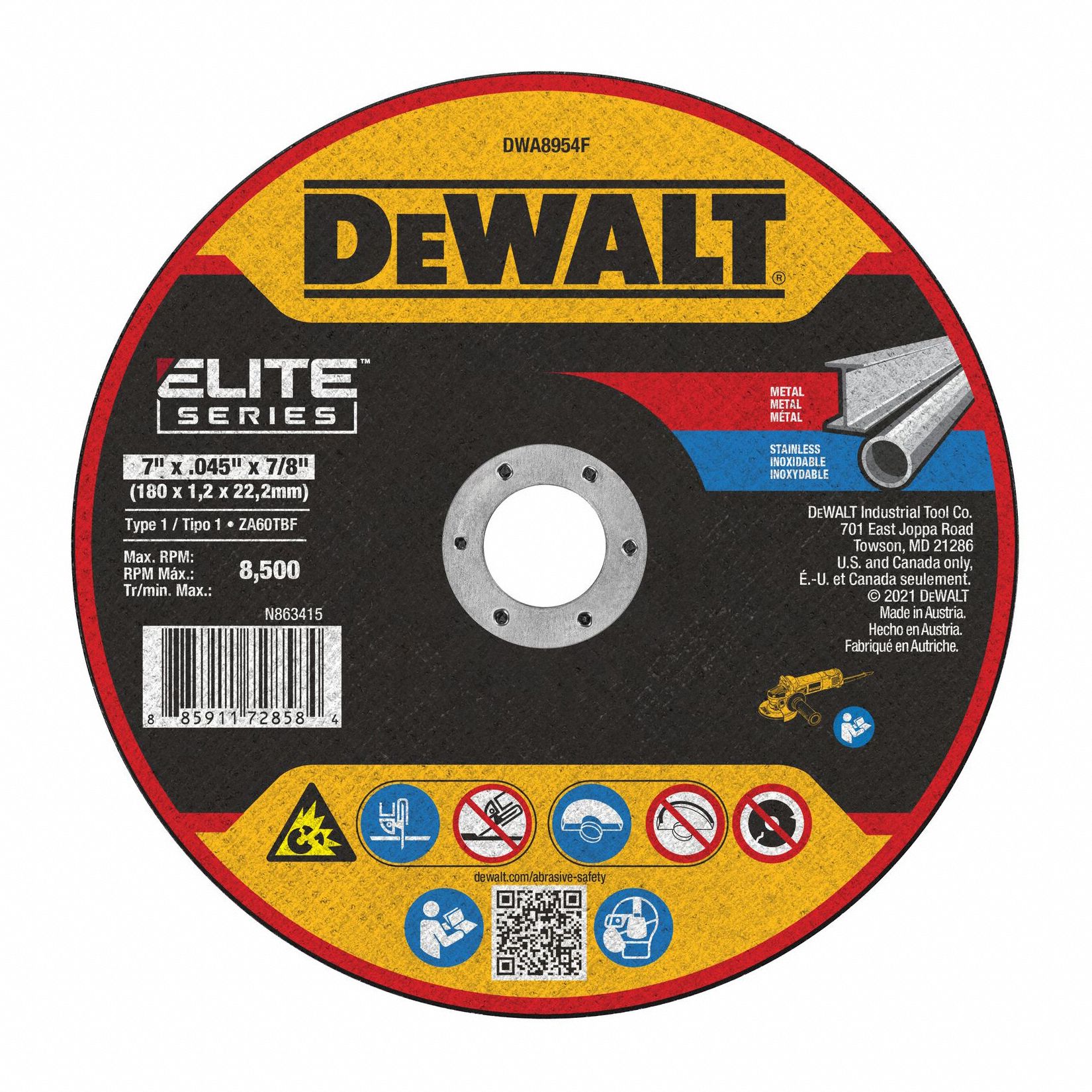 DEWALT, Type 1, 7 in x 0.045 in x 7/8 in, Abrasive CutOff Wheel