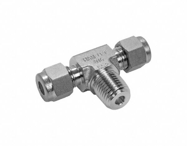 Compression Tee Fitting: 10 mm OD x 10 mm OD x 1/2 in Pipe Fitting Size, Stainless Steel