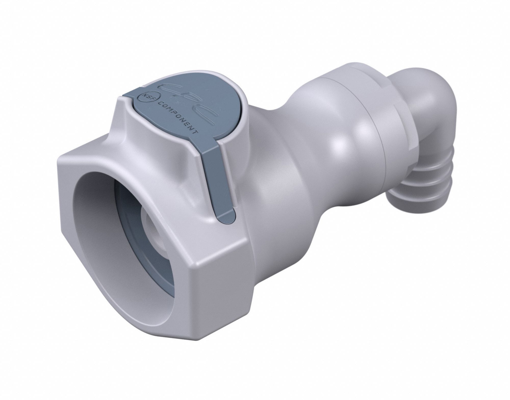 Quick Connection Coupling: 90° Elbow, 1/2 in ID Size, Quick-Disconnect Coupler x Barbed, Gray