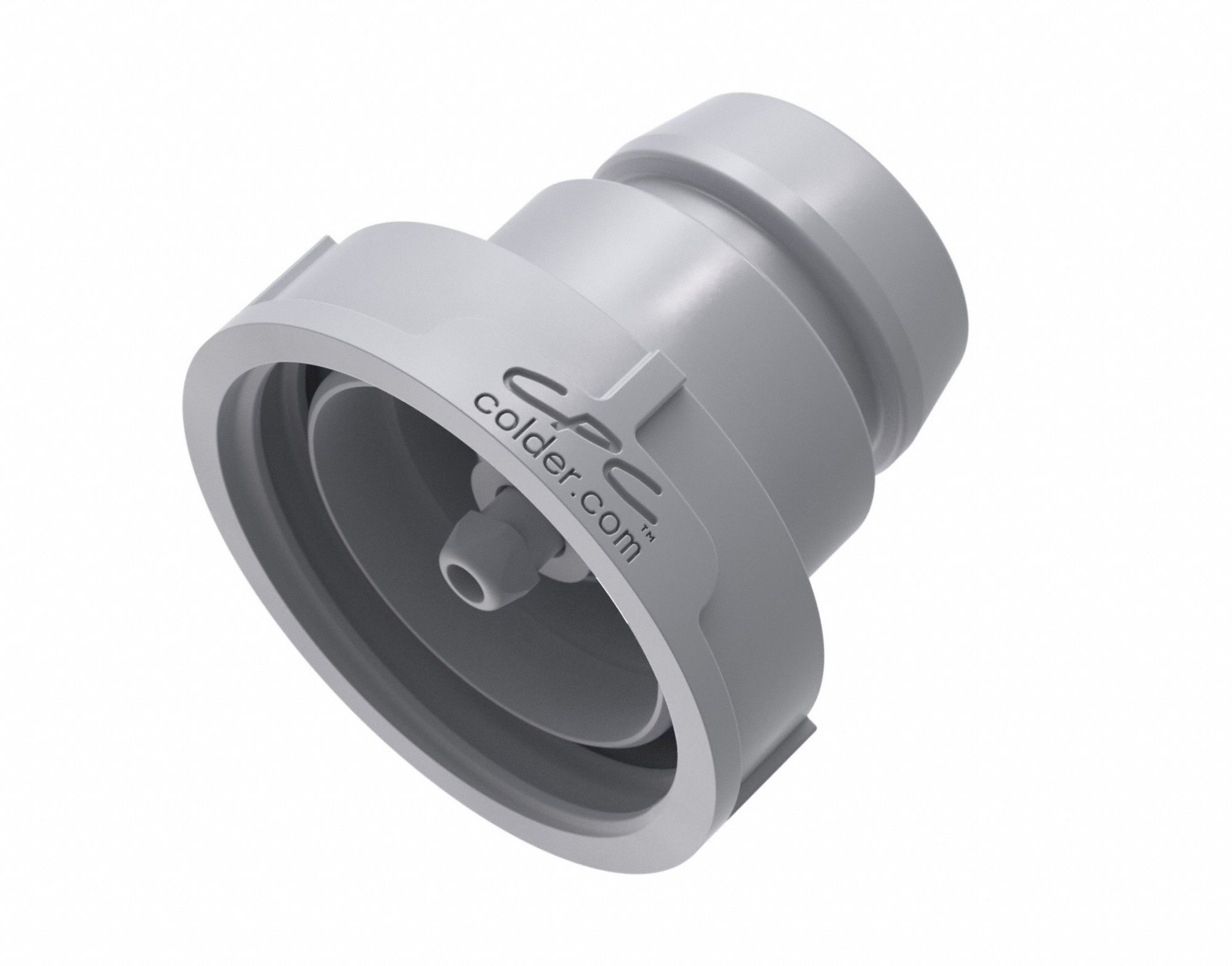 Quick Connection Fitting Cap: Cap, 38 mm Pipe Size, Threaded, Acetal, Gray, 1 1/2 in Overall Lg