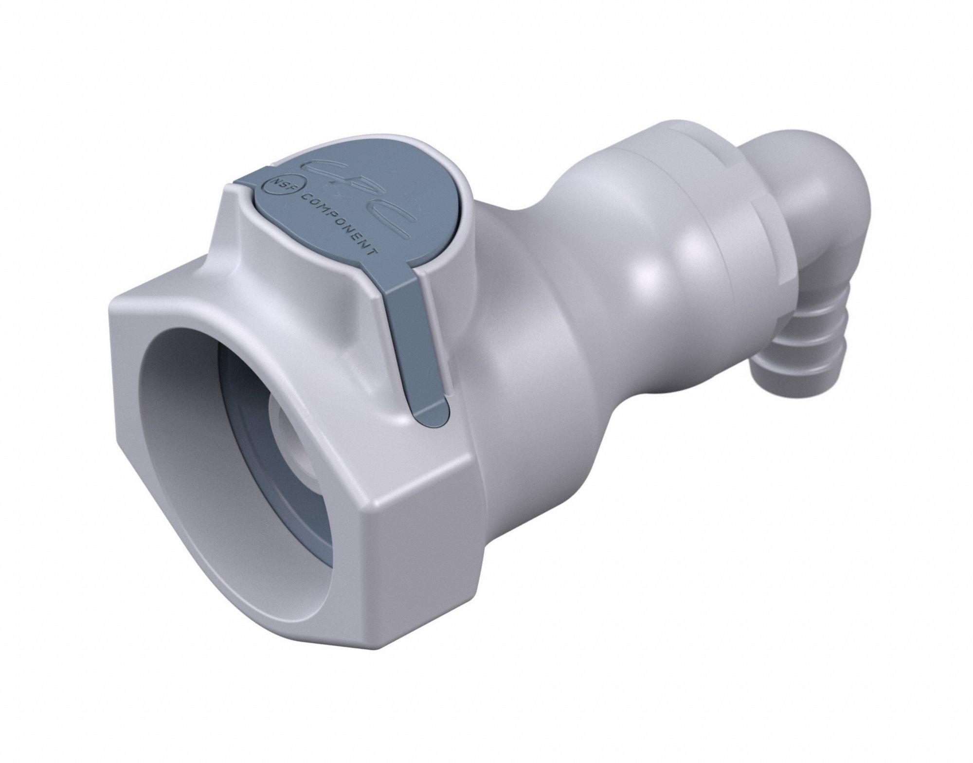 Quick Connection Coupling: 90° Elbow, 3/8 in ID Size, Quick-Disconnect Coupler x Barbed, Gray