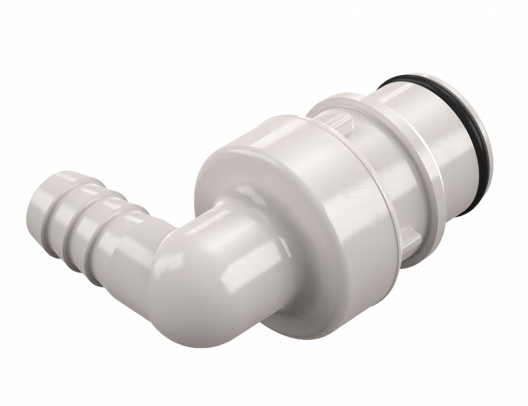 Quick Connection Coupling: 90° Elbow, 3/8 in ID Size, Quick-Disconnect Coupler x Barbed, Polysulfone