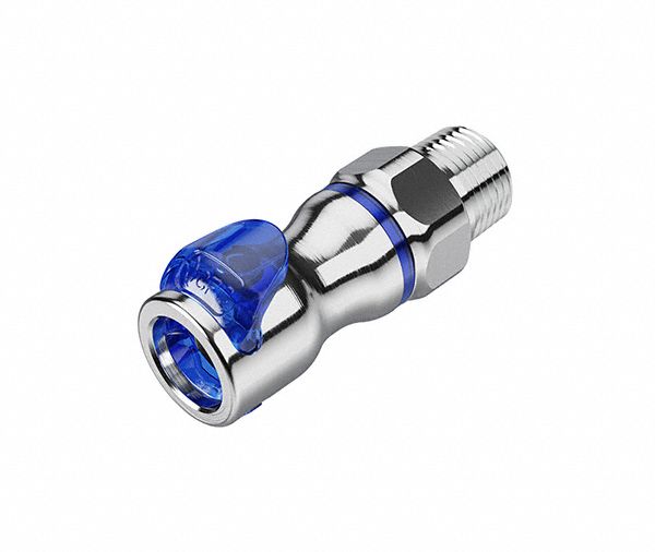 Quick Connection Coupling: Straight, 3/8 in Pipe Size, Cool Blue, Quick Disconnect/Threaded, Brass