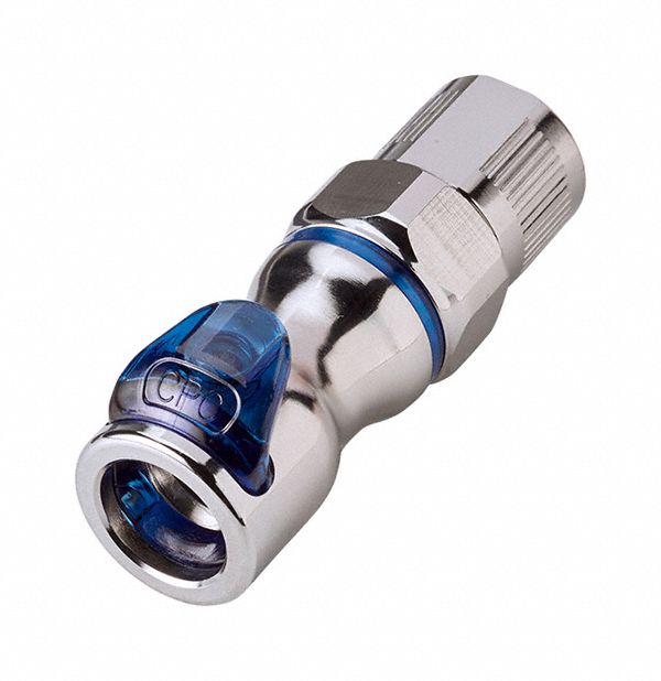Quick Connection Coupling: Straight, 3/8 in OD x 3/8 in Pipe x 3/8 in OD Size, Cool Blue, Brass
