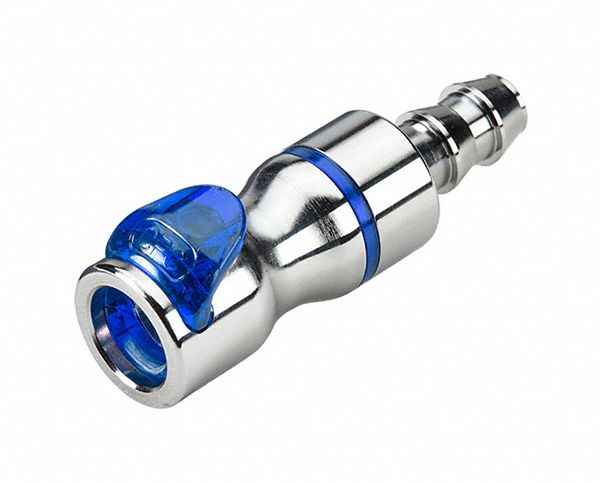 Quick Connection Coupling: Straight, 3/8 in ID Size, Cool Blue, Barbed/Quick Disconnect, Brass