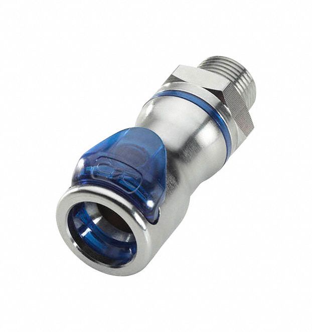 Quick Connection Coupling: Straight, 3/8 in Pipe Size, Cool Blue, Quick Disconnect/Threaded, Brass