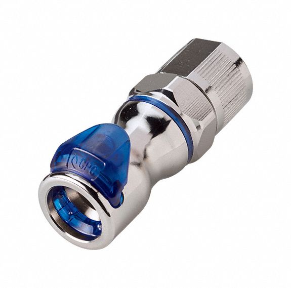 Quick Connection Coupling: Straight, 3/8 in OD x 1/2 in Pipe x 1/2 in OD Size, Cool Blue, Brass