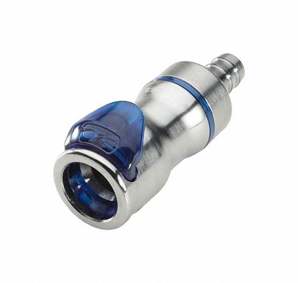 Quick Connection Coupling: Straight, 3/8 in ID Size, Cool Blue, Barbed/Quick Disconnect, Brass