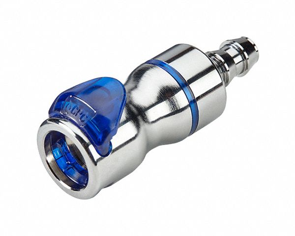 Quick Connection Coupling: Straight, 3/8 in ID Size, Cool Blue, Barbed/Quick Disconnect, Brass