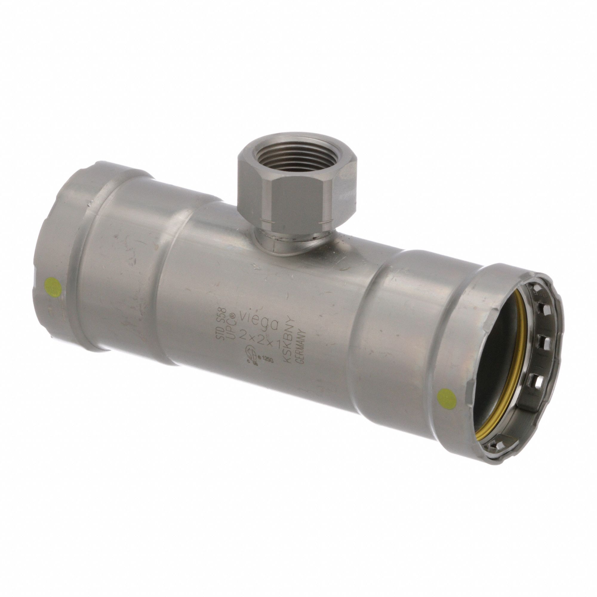 Crimp Tee Fitting: 2 in Pipe x 2 in Pipe x 1 in Pipe Size, Carbon Steel, Rubber