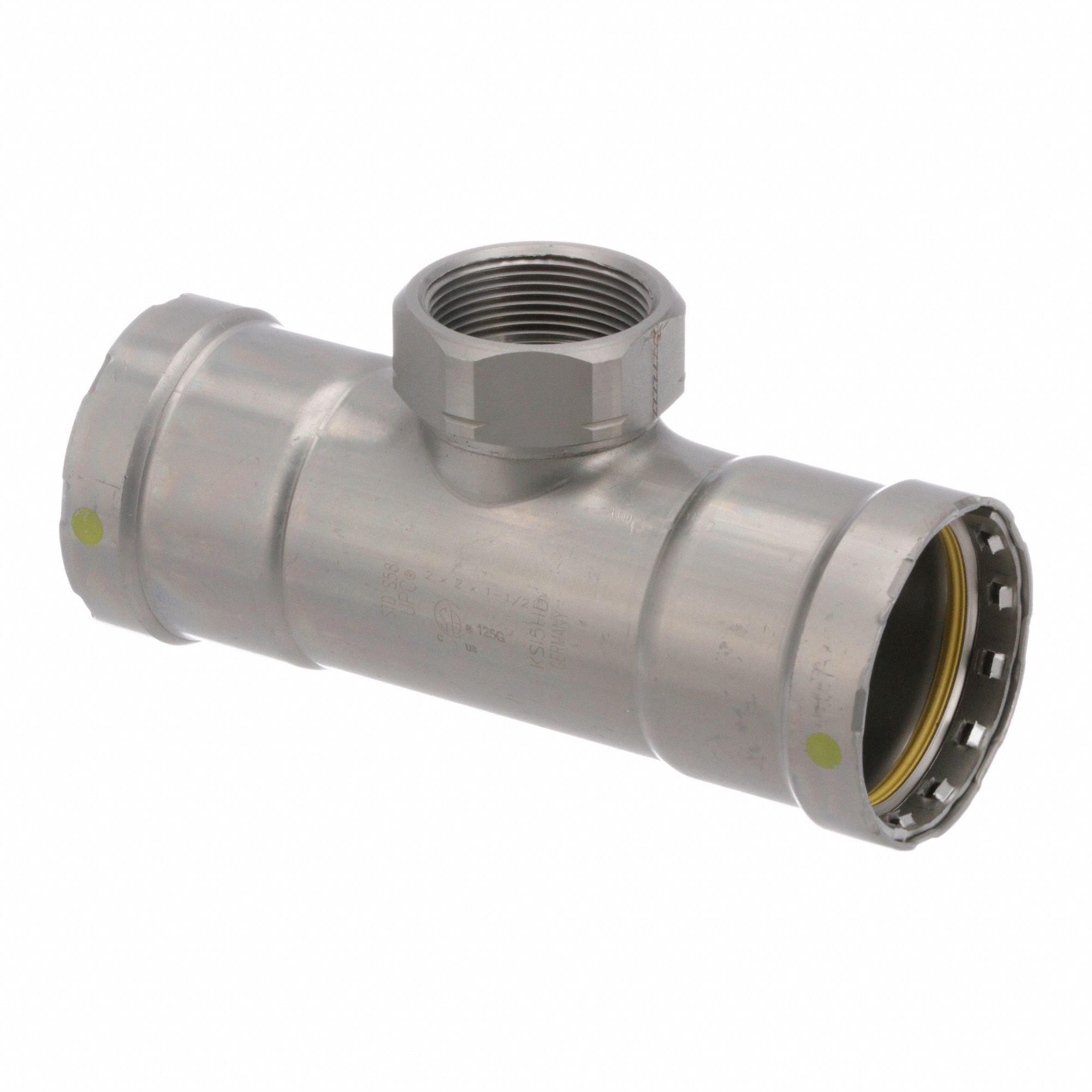 Crimp Tee Fitting: 2 in Pipe x 2 in Pipe x 1 1/2 in Pipe Size, Carbon Steel, Rubber