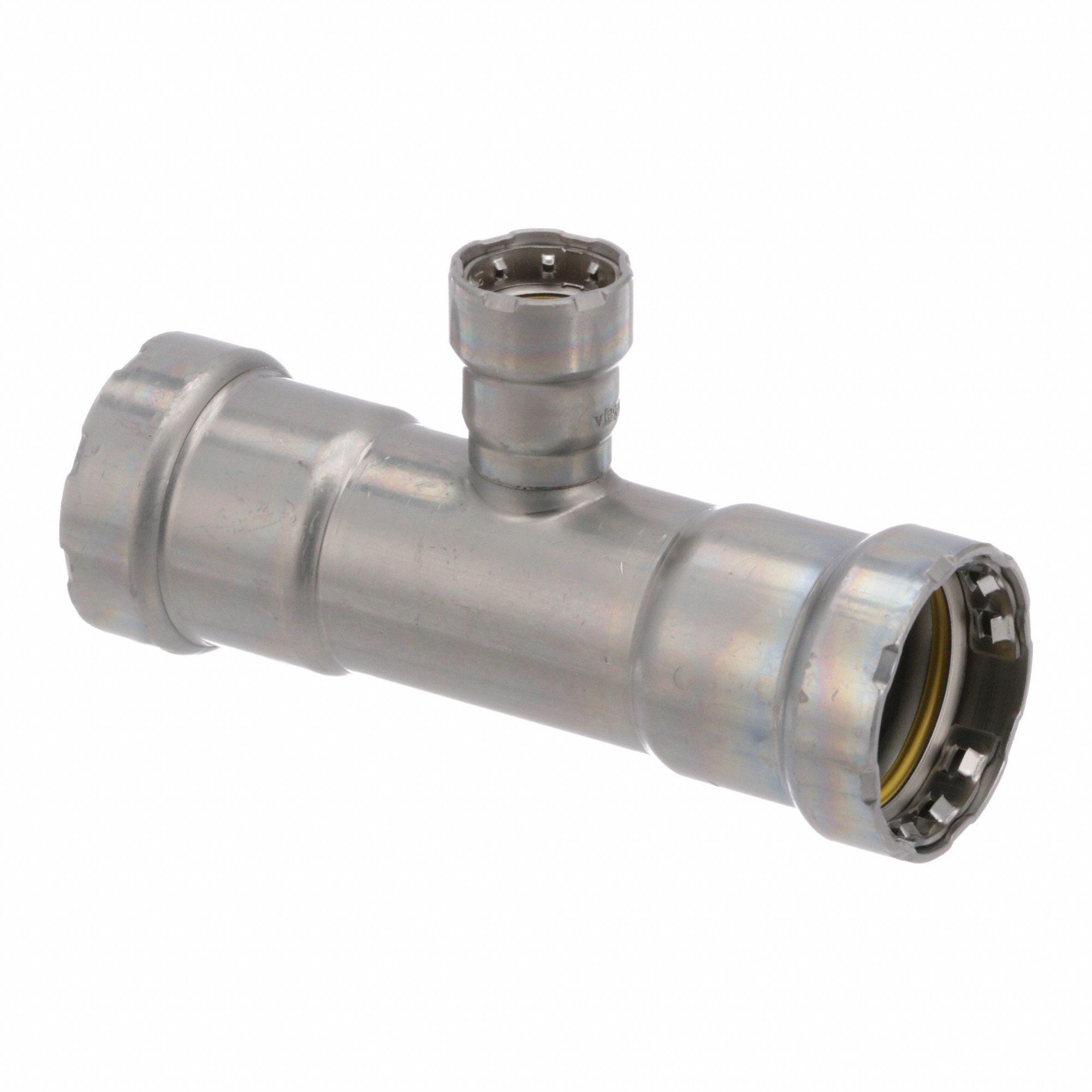 Crimp Tee Fitting: 1 1/4 in Pipe x 1 1/4 in Pipe x 1/2 in Pipe Size, Carbon Steel