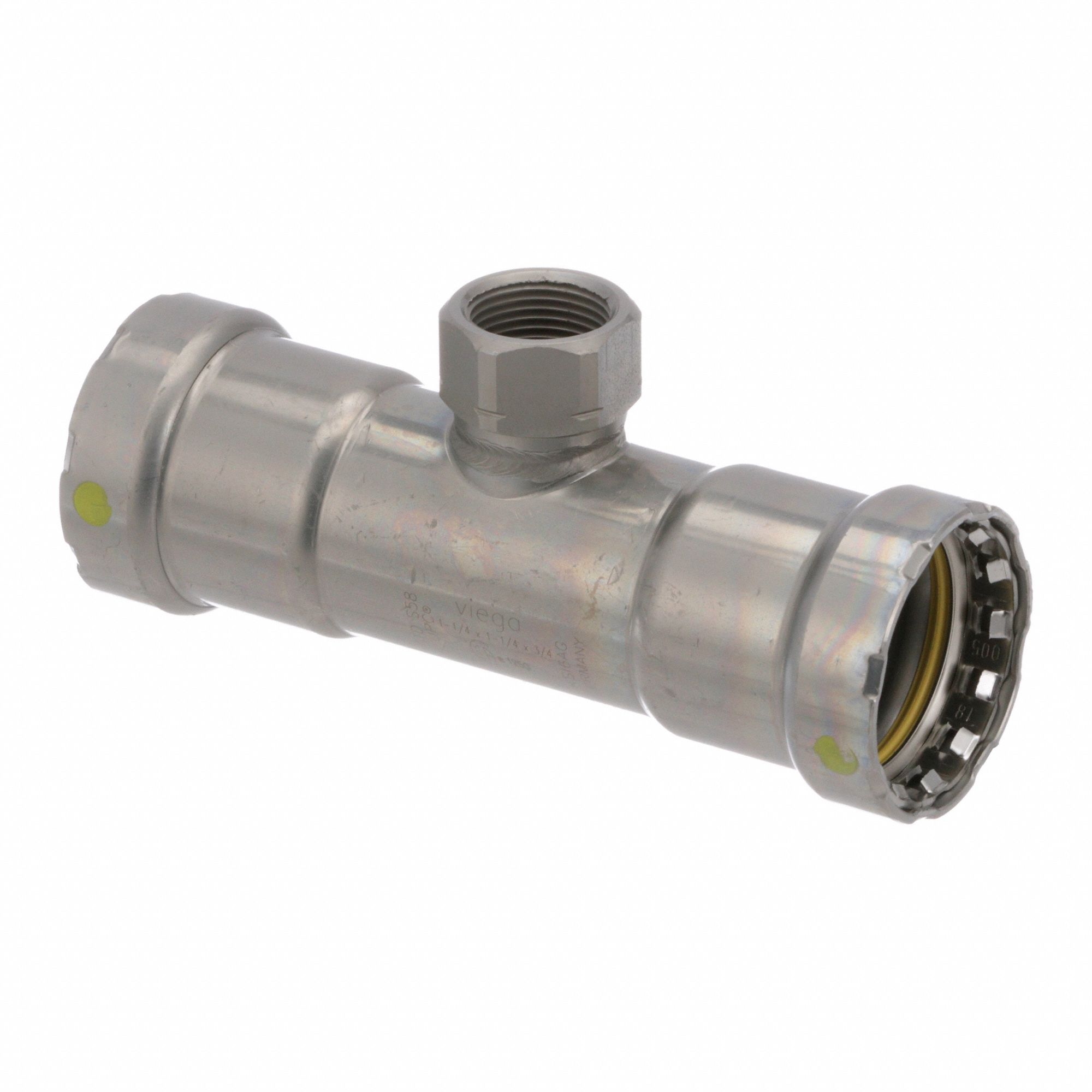 Crimp Tee Fitting: 1 1/4 in Pipe x 1 1/4 in Pipe x 3/4 in Pipe Size, Carbon Steel